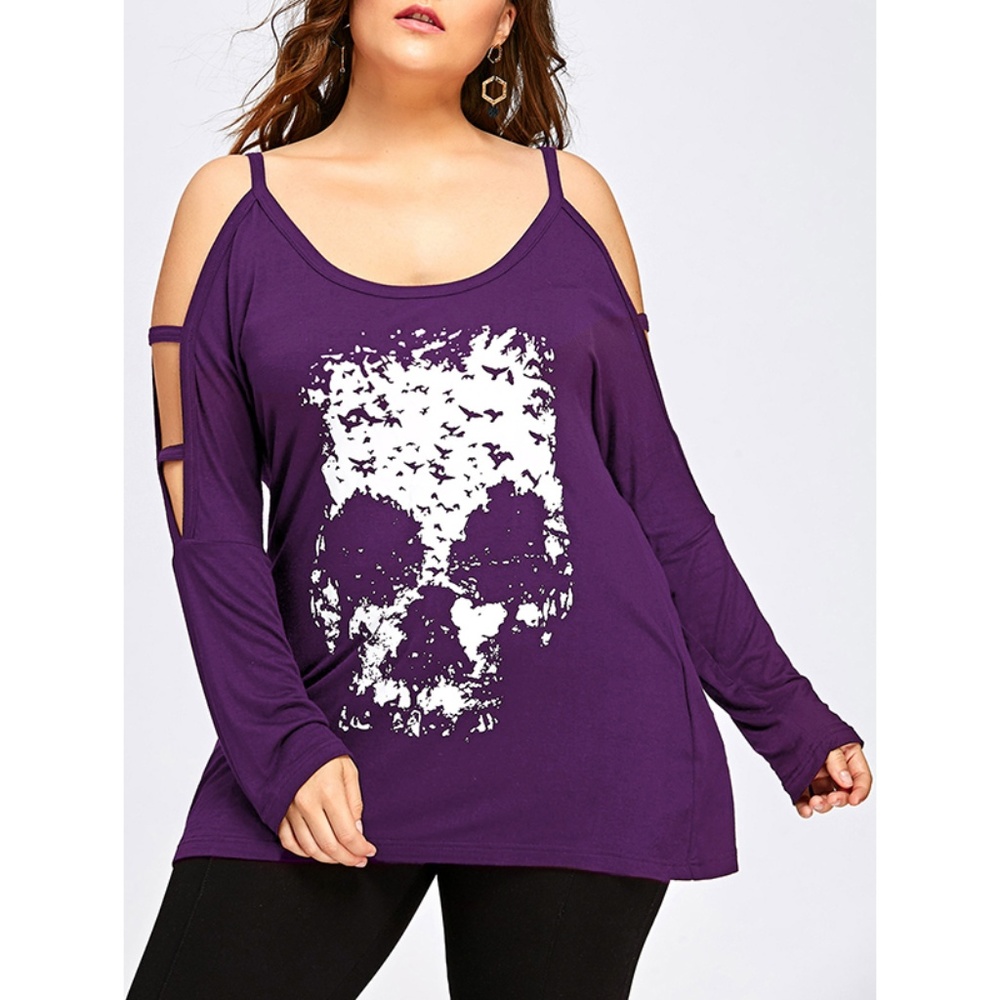 Purple Halloween Plus Size Cold Shoulder Skull Top